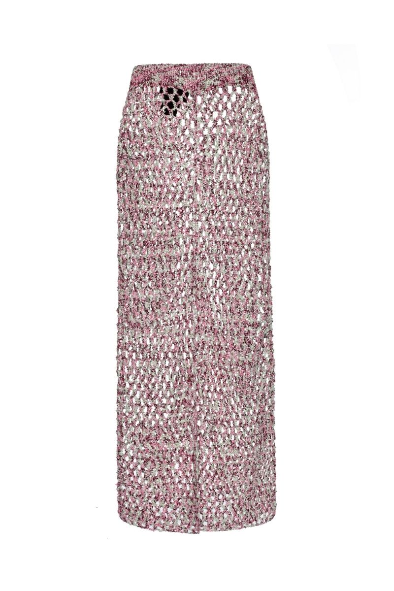 Lalo Sirena Maxi Skirt in pink, flowing maxi skirt with a lightweight fabric and elegant design, displayed on a model.