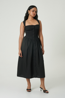 Black Luna midi dress by Summer Away, elegant sleeveless midi dress with a fitted waist and flowing skirt, perfect for summer events.