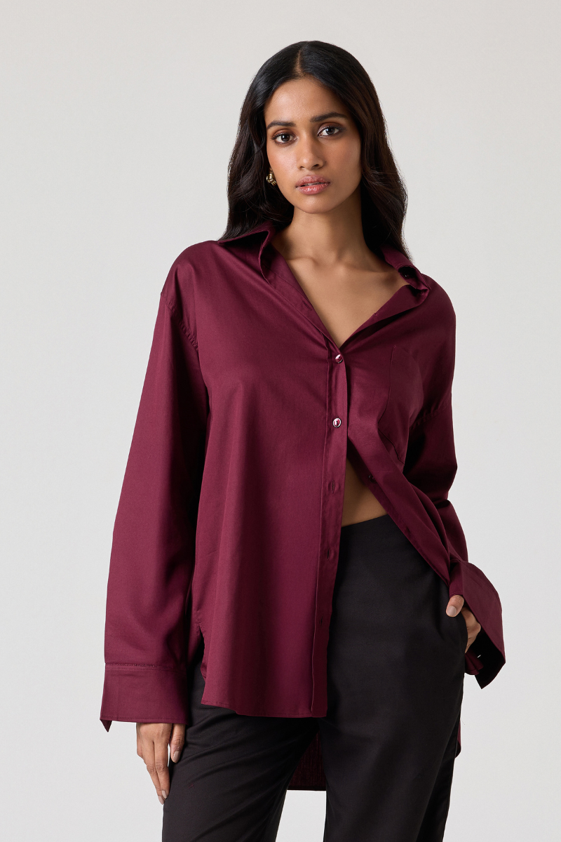 Summer Away Ravenna shirt in mulberry color, shown on a model, highlighting the stylish design and fabric details.