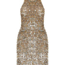 Hand-crochet Mirel Prentice mother of pearl mini dress, showcasing intricate detailing and a fitted silhouette.