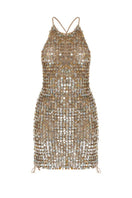 Hand-crochet Mirel Prentice mother of pearl mini dress, showcasing intricate detailing and a fitted silhouette.