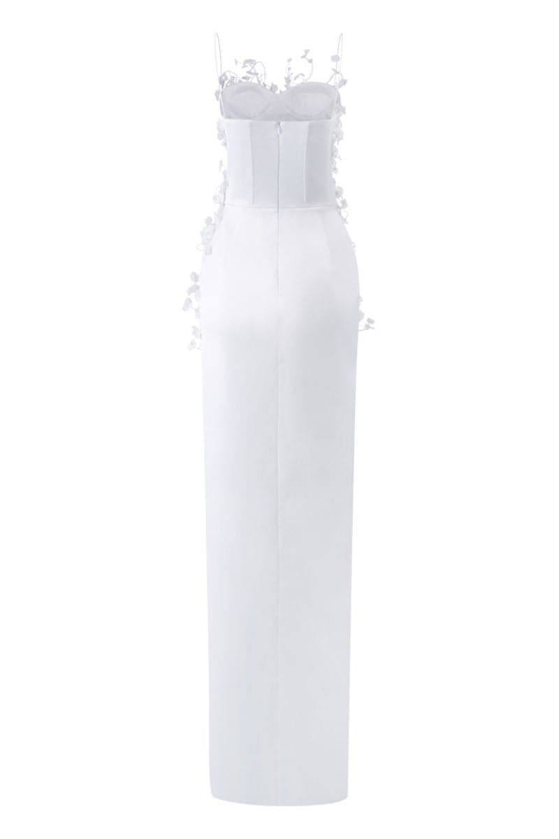 Elegant CULT MIA X 21Six Connie silk satin gown with floral design, featuring a flowing silhouette and intricate flower details.