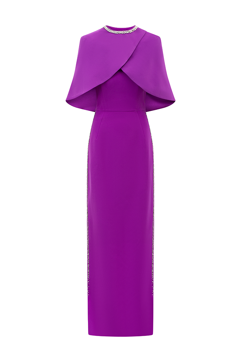 Tracy Studio purple gown with side stone embellishments, featuring a straight silhouette and elegant design.