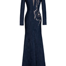 Dark blue V-neck mermaid gown by GVLUX with crystal embellishments, featuring a fitted silhouette and elegant design.