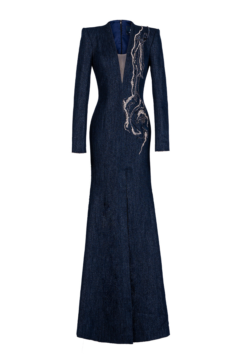 Dark blue V-neck mermaid gown by GVLUX with crystal embellishments, featuring a fitted silhouette and elegant design.