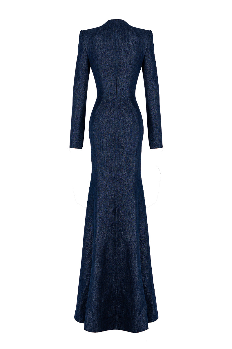 Dark blue V-neck mermaid gown with crystal embellishments, stylish maxi dress by GVLUX, featuring fitted silhouette and elegant design.