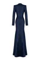 Dark blue V-neck mermaid gown by GVLUX adorned with crystal embellishments, featuring a fitted silhouette and elegant design.