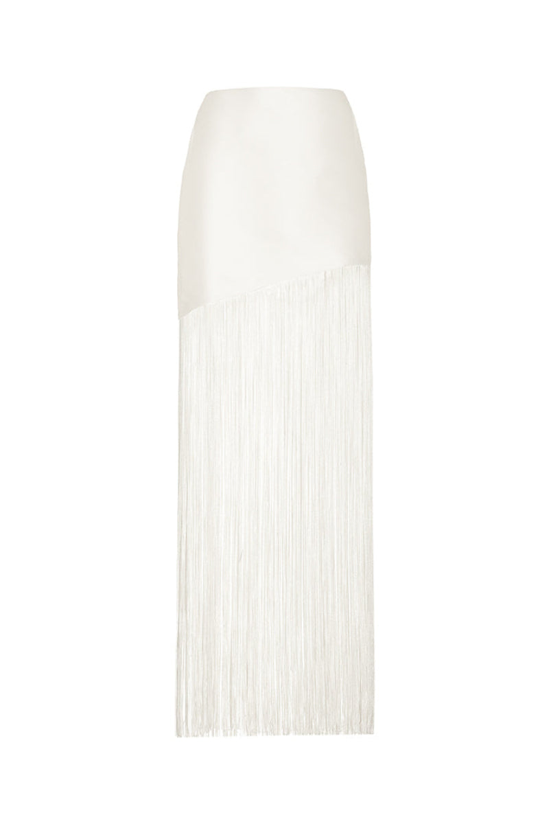 Ivory fringe maxi skirt by Monika Dimova, flowing fabric with layered fringe detailing, full length on a neutral background.