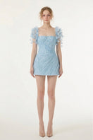 Light blue Catalina tulle and lace mini dress by 21Six, featuring delicate lace details and a flowing tulle skirt.