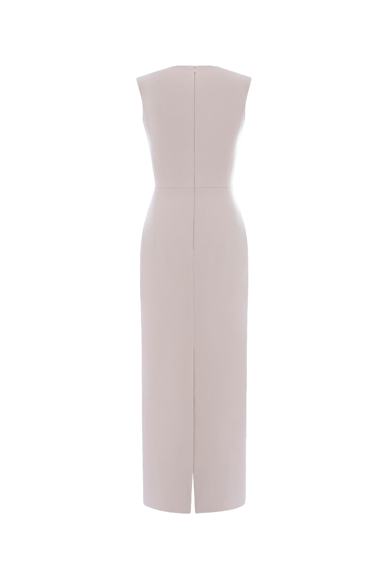 Off-white LEKIEU Muchen midi dress displayed on a hanger, showcasing its elegant design and fabric texture.