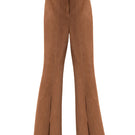 Kris Marán high-waisted suede pants in ginger color, tailored fit with a smooth texture, shown on a model.
