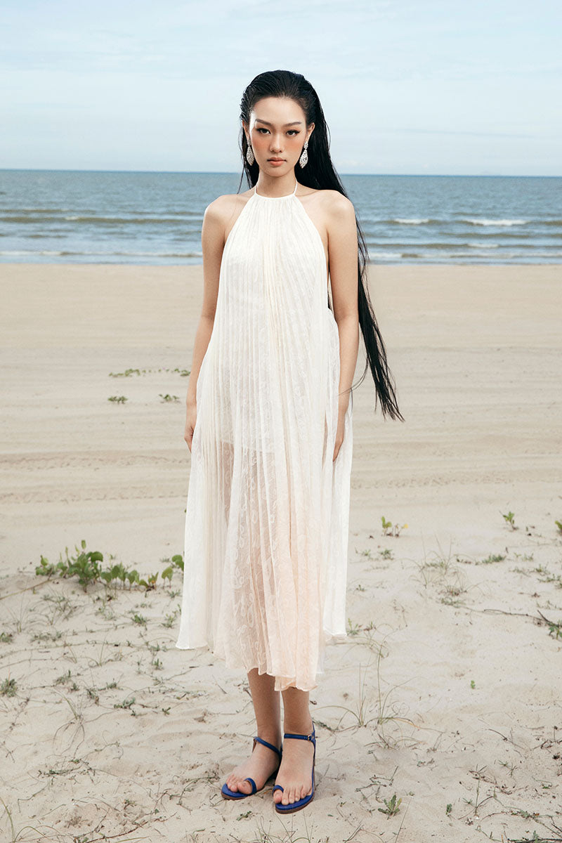 HALTER NECK PLEATED DRESS IN IVORY | CULT MIA | Valenciani HALTER NECK PLEATED DRESS IN IVORY | CULT MIA | Valenciani
