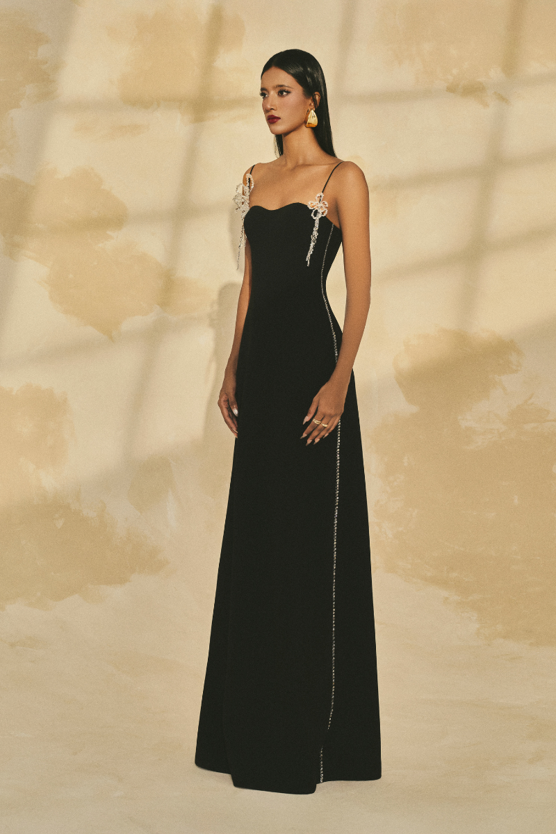 SPAGHETTI STRAP POLY CREPE MAXI DRESS