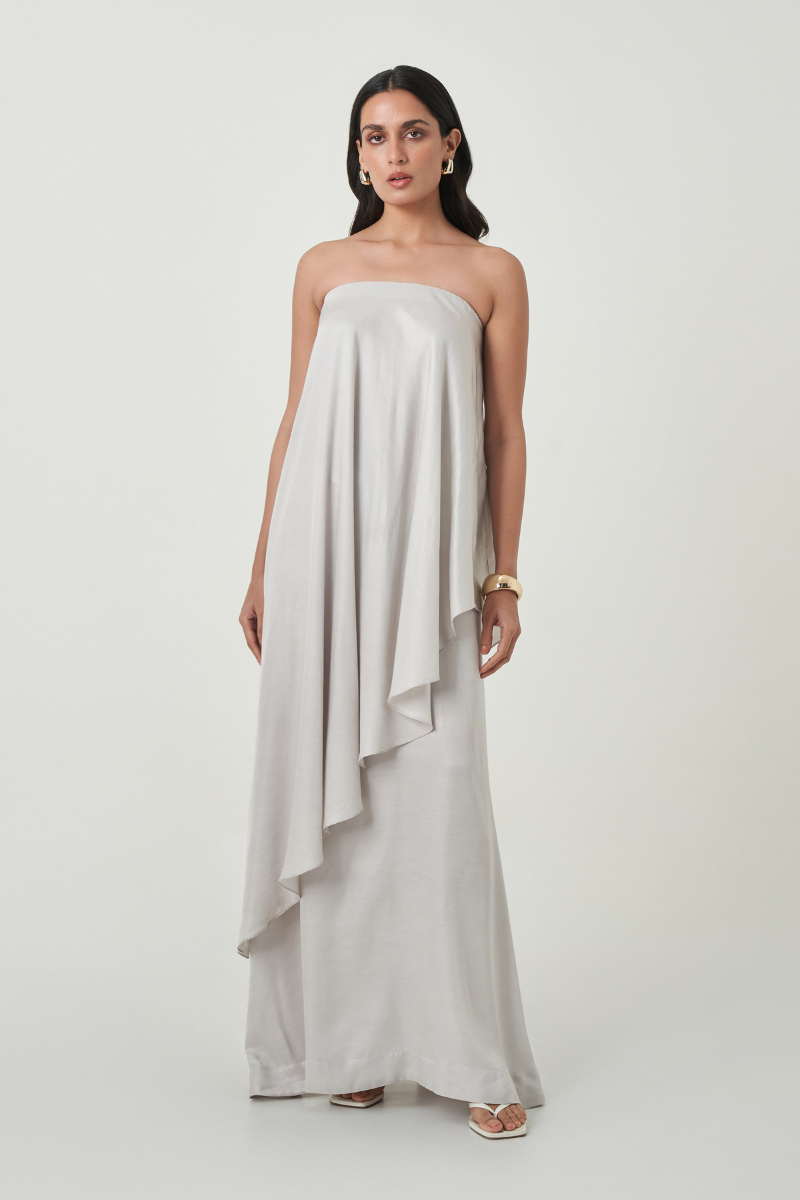 Summer Away Amal Gray Maxi Skirt, flowing fabric maxi skirt in soft gray, styled with subtle pleats and a comfortable waistband.