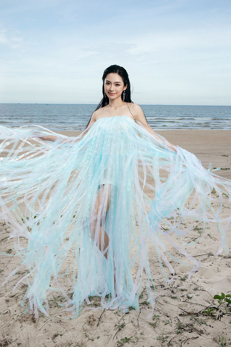MAXI ALL OVER FRINGED DRESS IN BLUE