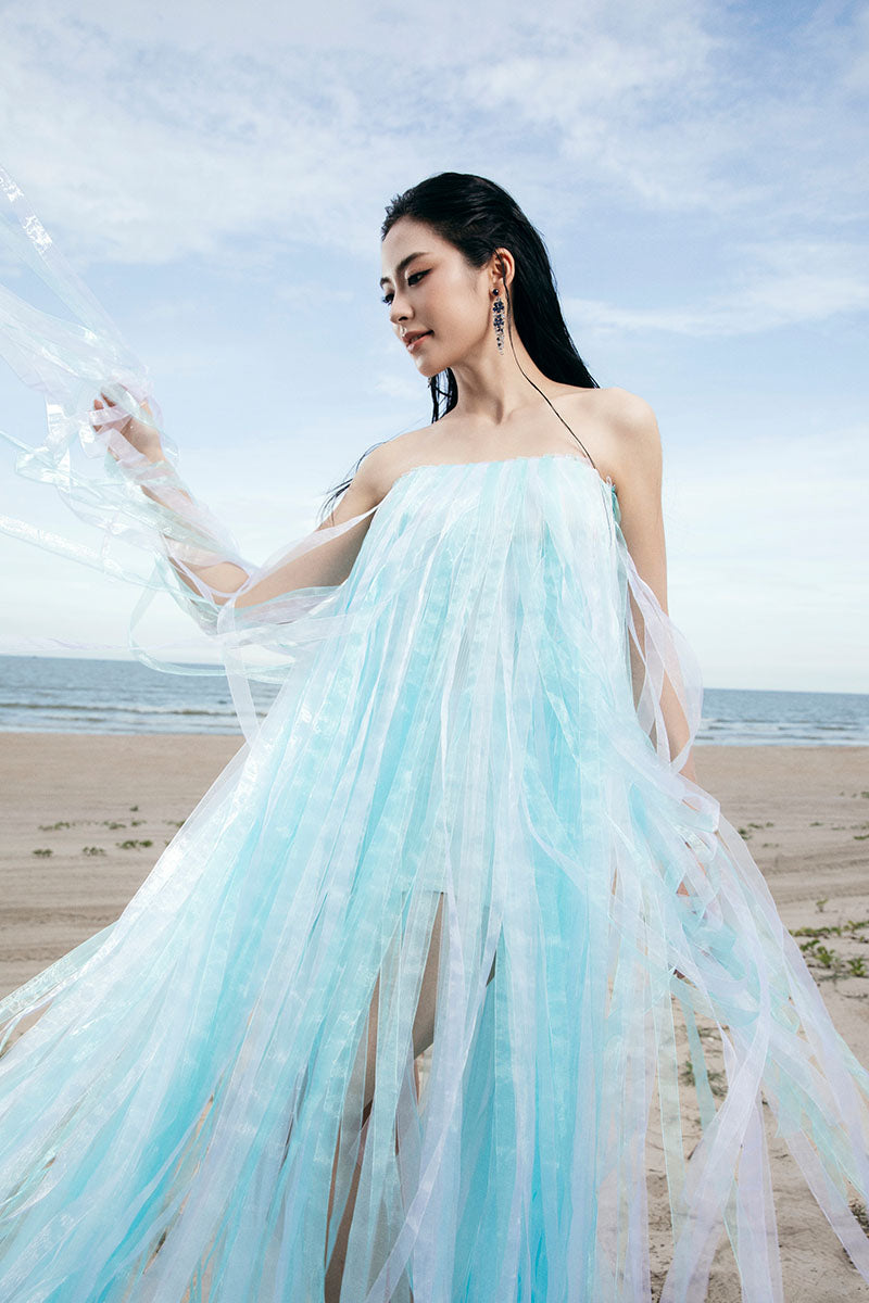 blue fringe maxi dress Elegant V-neck Pleated Fringe Maxi Dress Likemychoice