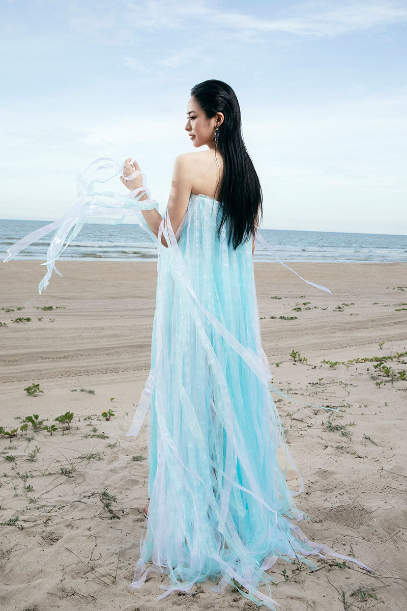 MAXI ALL OVER FRINGED DRESS IN BLUE MAXI ALL OVER FRINGED DRESS IN BLUE