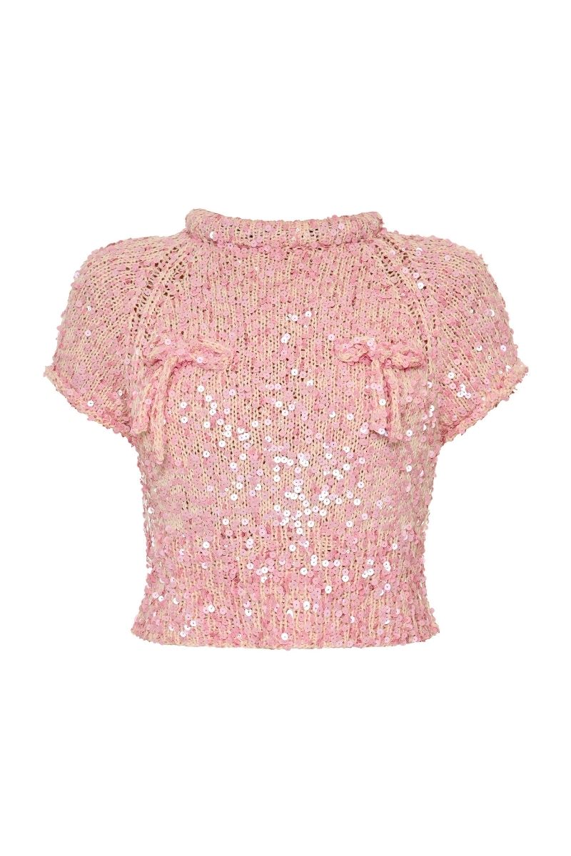 Lalo Salue Bow Sweater in pink, cozy knitted sweater with bow detail, perfect for stylish and comfortable everyday wear.