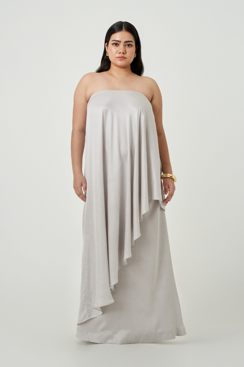 Summer Away Amal Gray Maxi Skirt displayed on a hanger, featuring a flowy fabric and ankle-length design.
