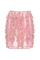 Lalo SALUE mini pink midi skirt with a fitted waist and stylish design, shown on a white background.