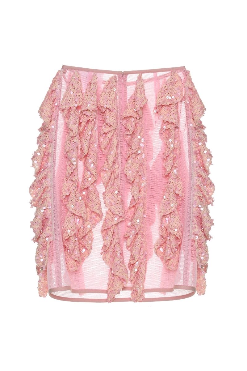 Lalo SALUE mini pink midi skirt with a fitted waist and stylish design, shown on a white background.