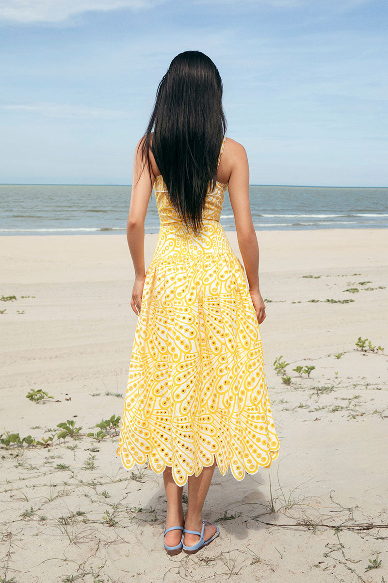FLORAL EYELET MIDI DRESS IN YELLOW | CULT MIA | Valenciani FLORAL EYELET MIDI DRESS IN YELLOW | CULT MIA | Valenciani