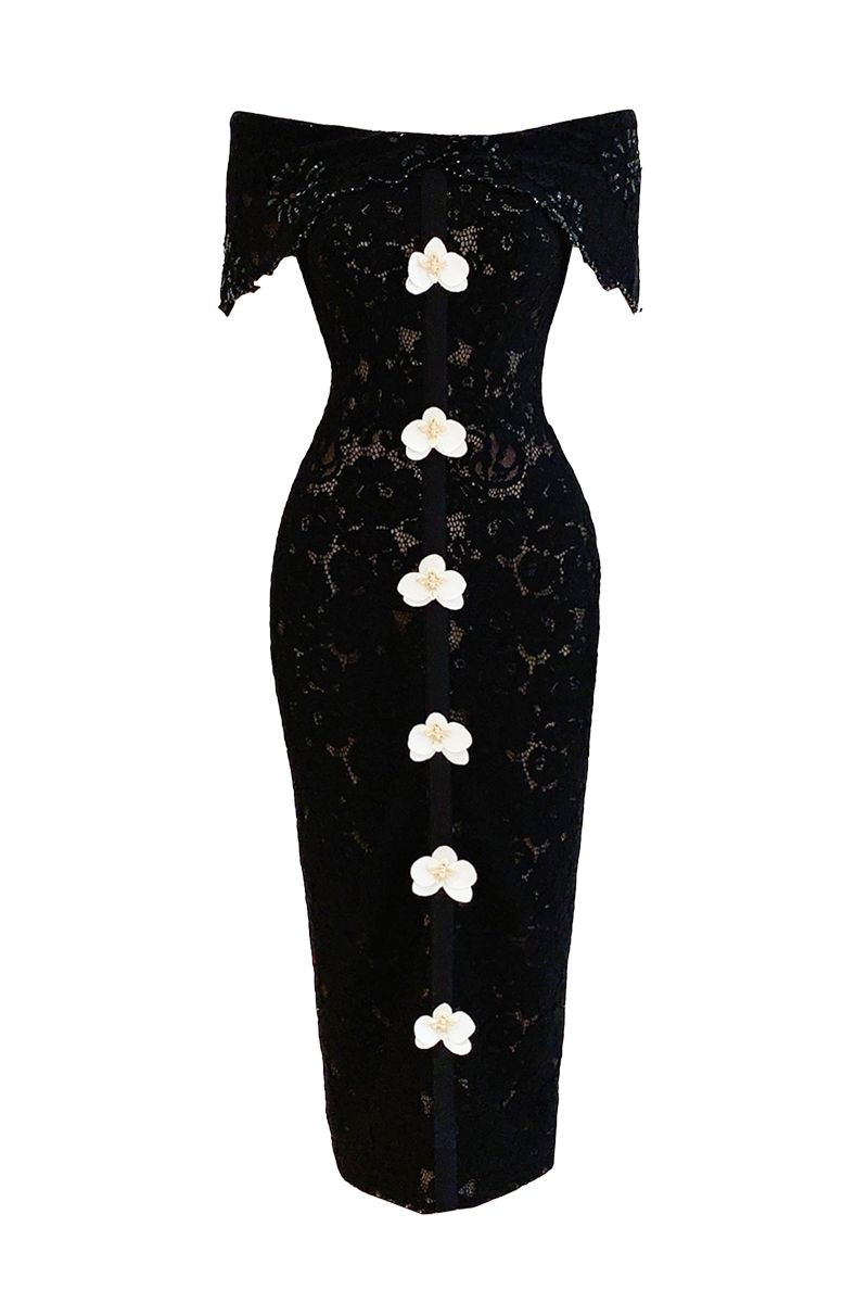 BLACK OFF-SHOULDER LACE MIDI DRESS - CULT MIA