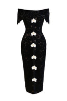 Black off-shoulder lace midi dress by Do Long, featuring a fitted bodice and elegant midi length with intricate lace details.