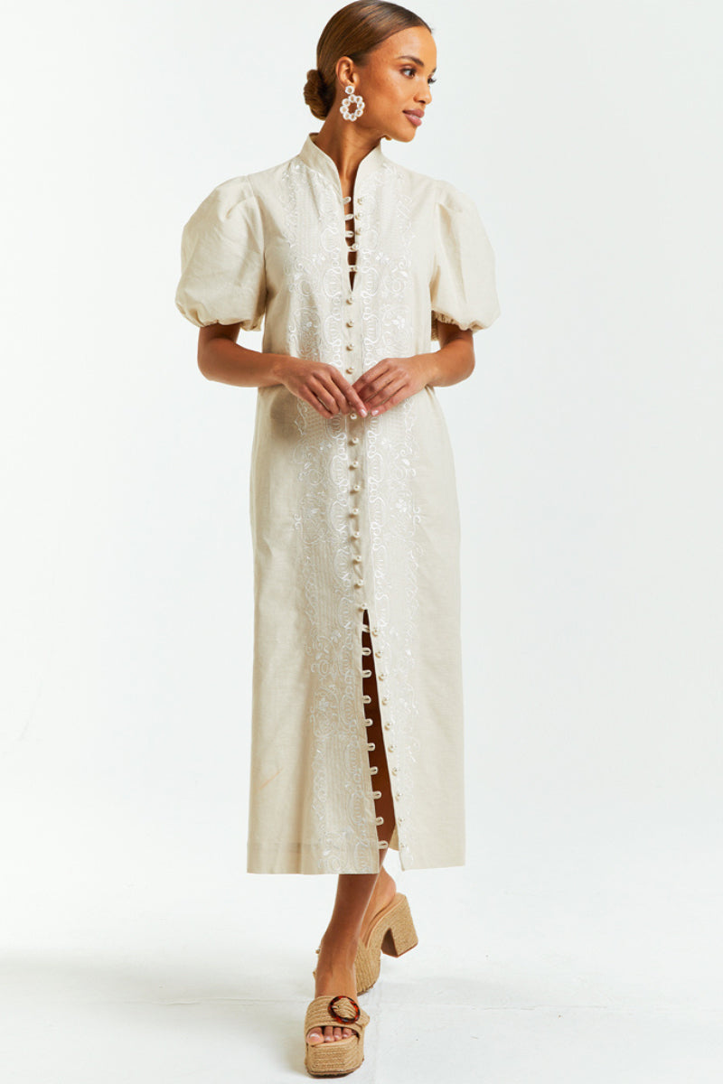ELLIANA BARONG MIDI DRESS IN FLAXEN
