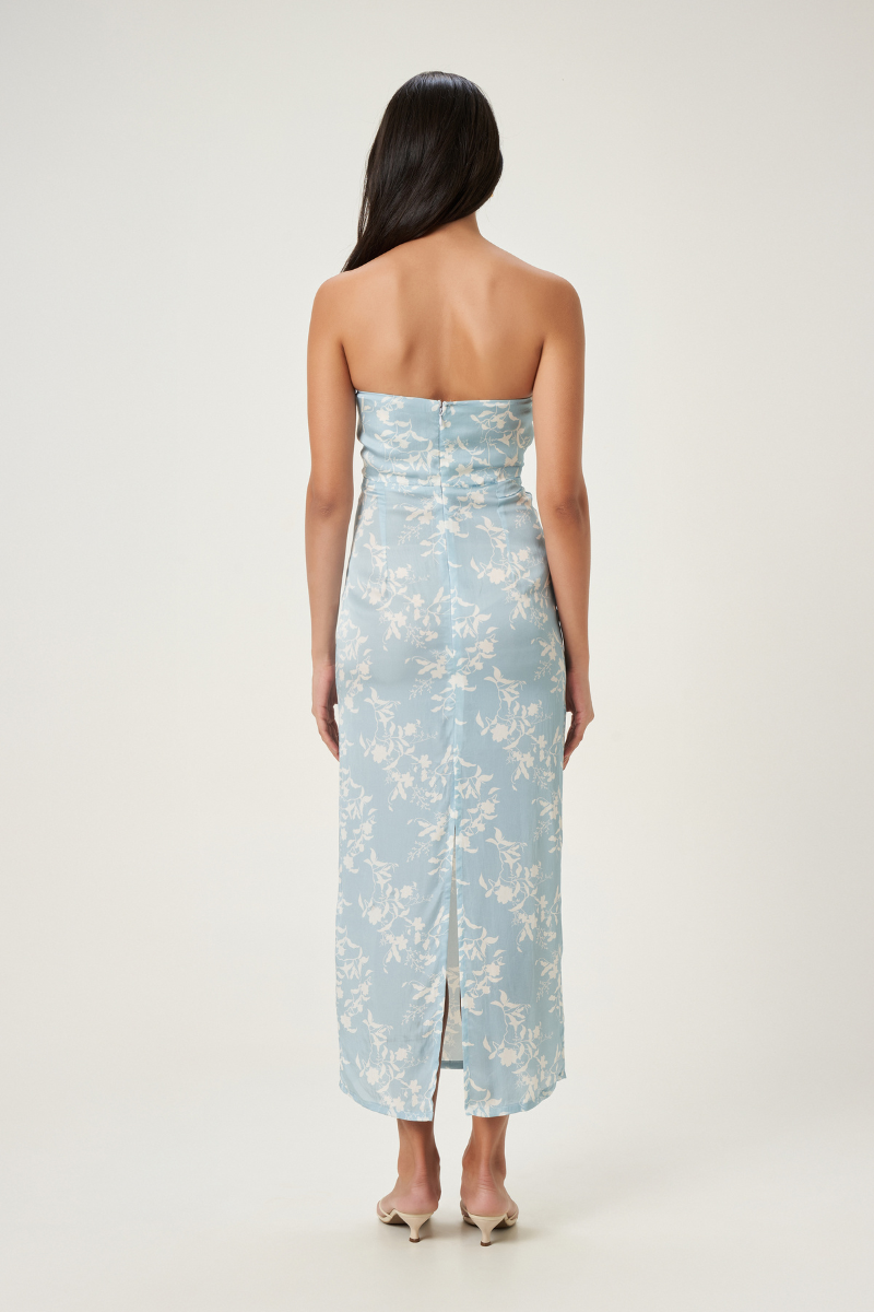 Summer Away Charlotte Sky maxi dress with flowing fabric and a stylish silhouette, perfect for warm-weather occasions.
