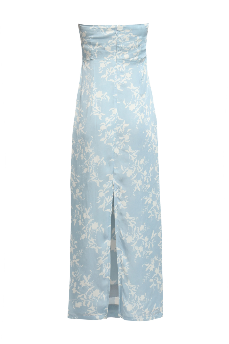 Summer Away Charlotte sky maxi dress with flowing fabric and sleeveless design, perfect for summer occasions.