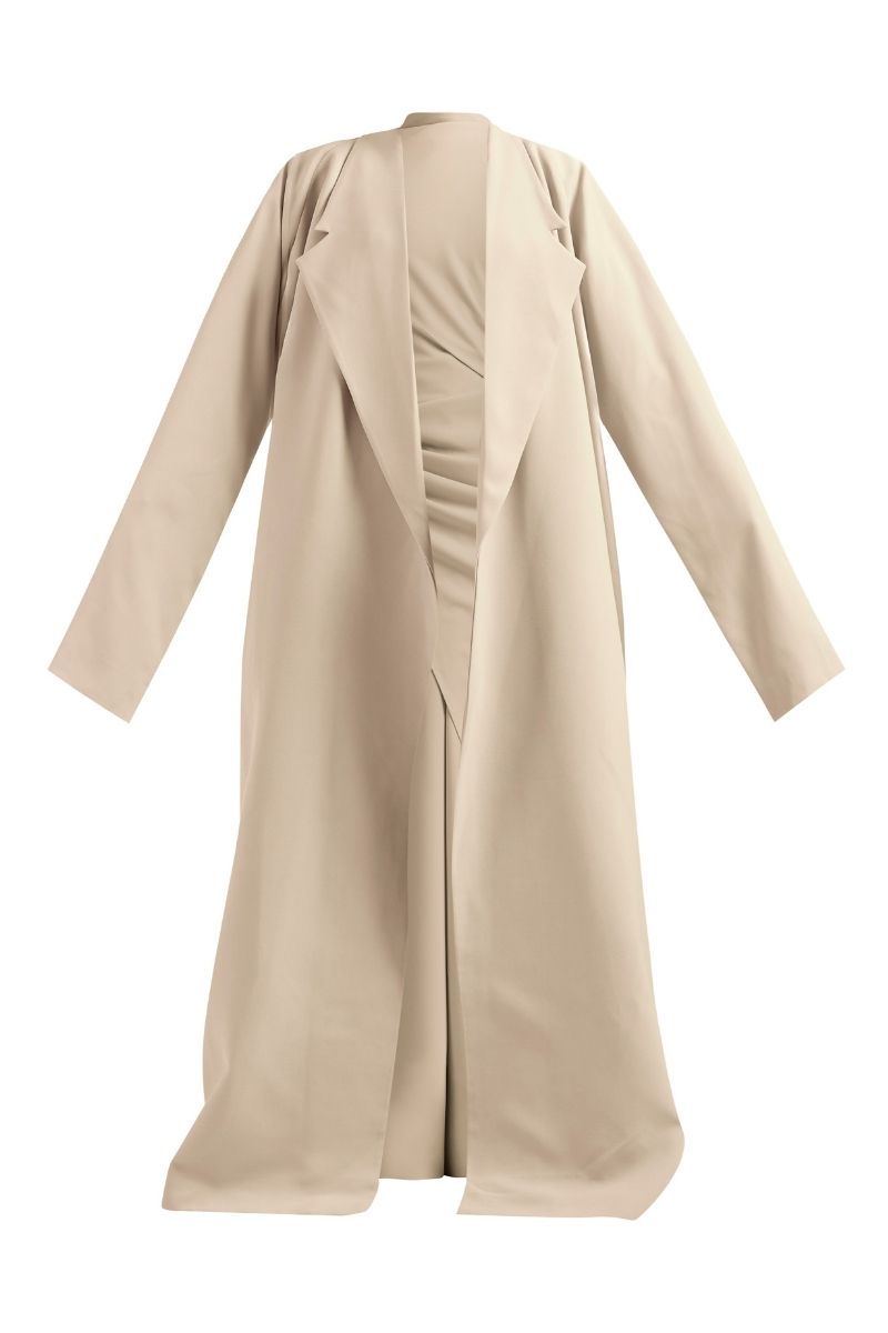 Deme By Gabriella Antonia three-piece beige co-ord set with matching top, pants, and jacket laid flat on a white background.