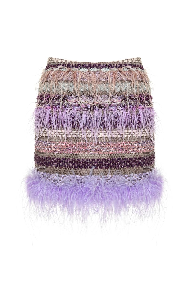 Lalo Avril mini skirt in purple multi with a fitted waist and vibrant, multicolored pattern, styled for a trendy look.