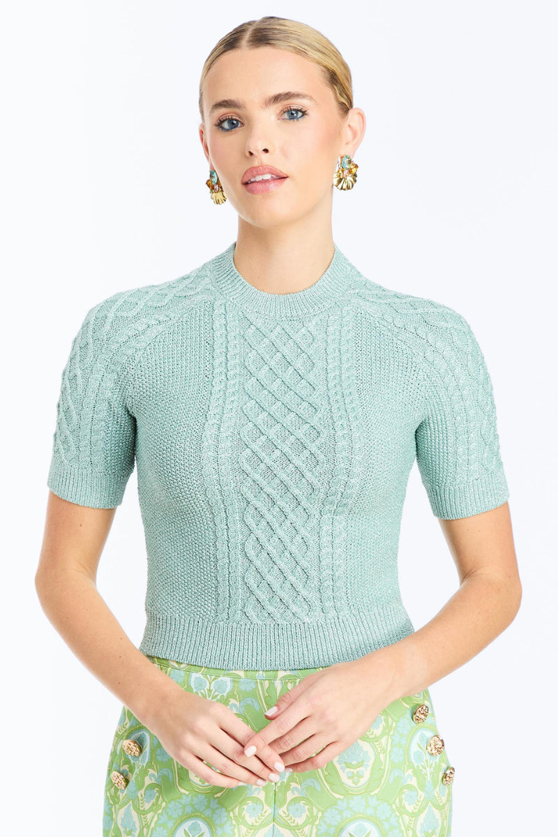 Mestiza New York Enya Sweater in Sea Glass with a cozy knit texture and relaxed fit, featuring a soft, pastel green color.