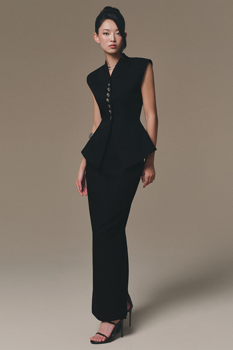 Keira Tong peplum waistcoat with fitted waist and stylish design, displayed on a mannequin.