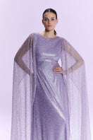 Nur Karaata La Mamounia purple gown with flowing fabric and elegant design, showcased in a full-length view.