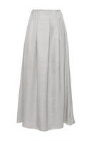 Summer Away Amal Gray Maxi Skirt displayed on a hanger, featuring a flowy, ankle-length design in soft gray fabric.