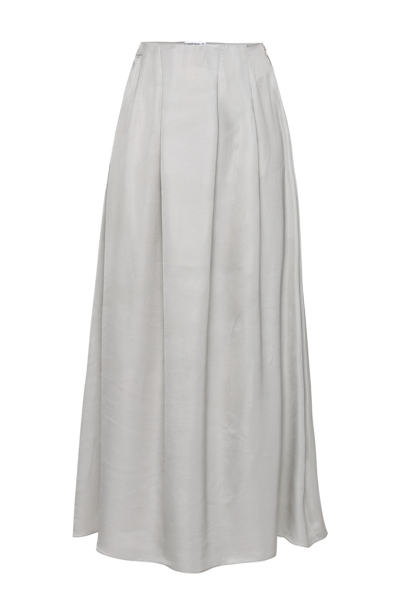 Summer Away Amal Gray Maxi Skirt displayed on a hanger, featuring a flowy, ankle-length design in soft gray fabric.