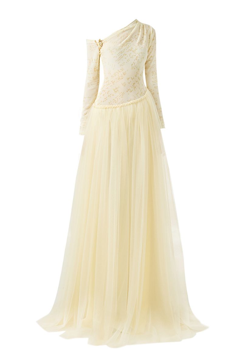 BEIGE SOFTEN FIT-AND-FLARE LAYERED FLOOR-LENGTH GOWN - CULT MIA