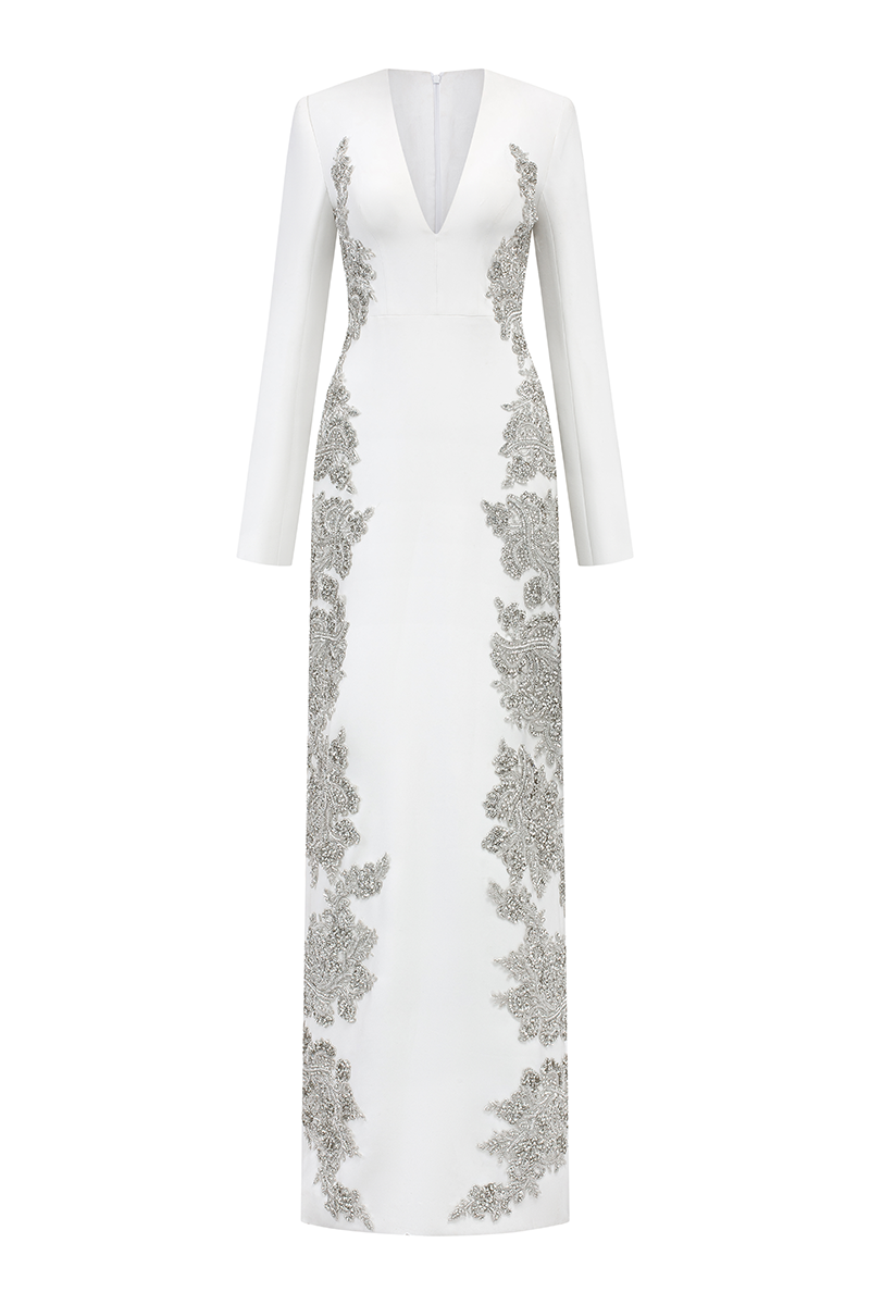 V-NECK SYMMETRIC SIDED CRYSTAL EMBELLISHED DRESS - CULT MIA