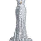 Shimmering goddess gown by Le Thanh Hoa featuring elegant flowing fabric and intricate detailing, perfect for formal occasions.