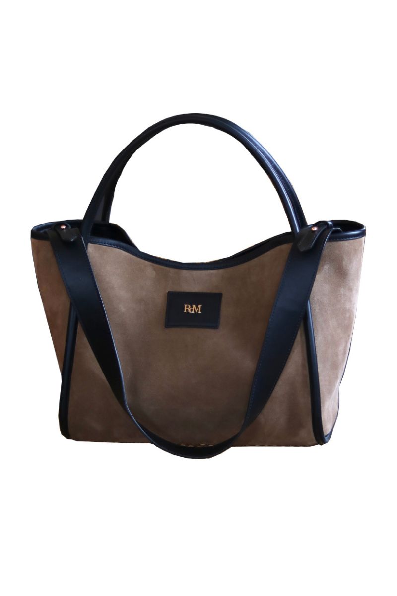Large Anouk shoulder bag in taupe by Rose de Mai, featuring a stylish top handle design and spacious interior.