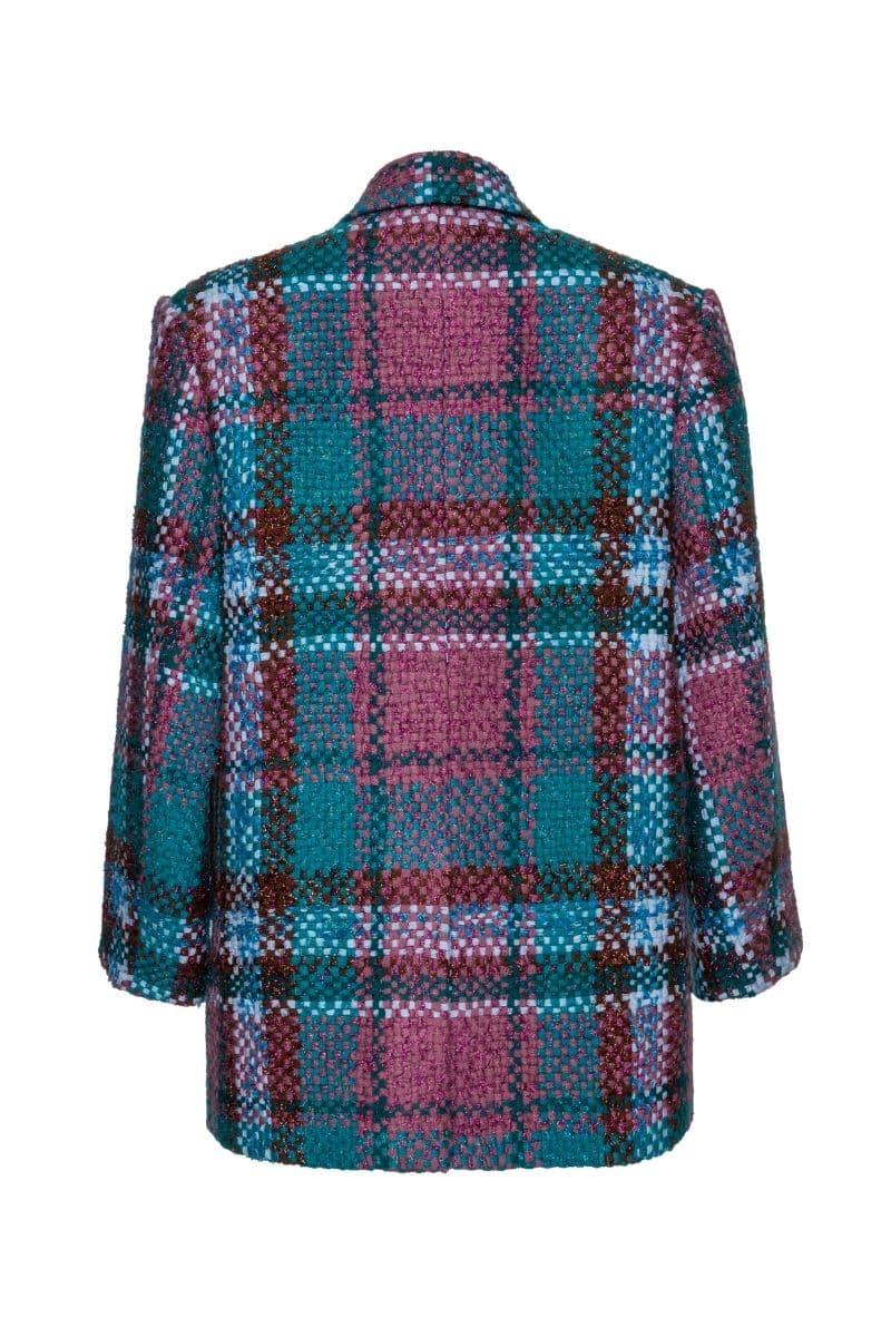 Lalo red and blue tweed jacket featuring classic tailored style and textured fabric, displayed on a neutral background.