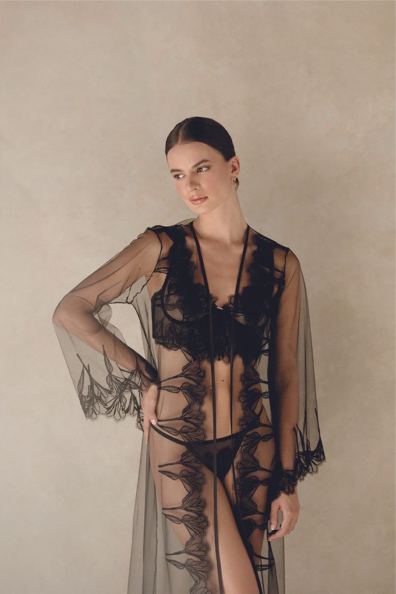 Entos black Alice robe displayed flat, showing soft fabric, long sleeves, and elegant design suitable for sleepwear or loungewear.