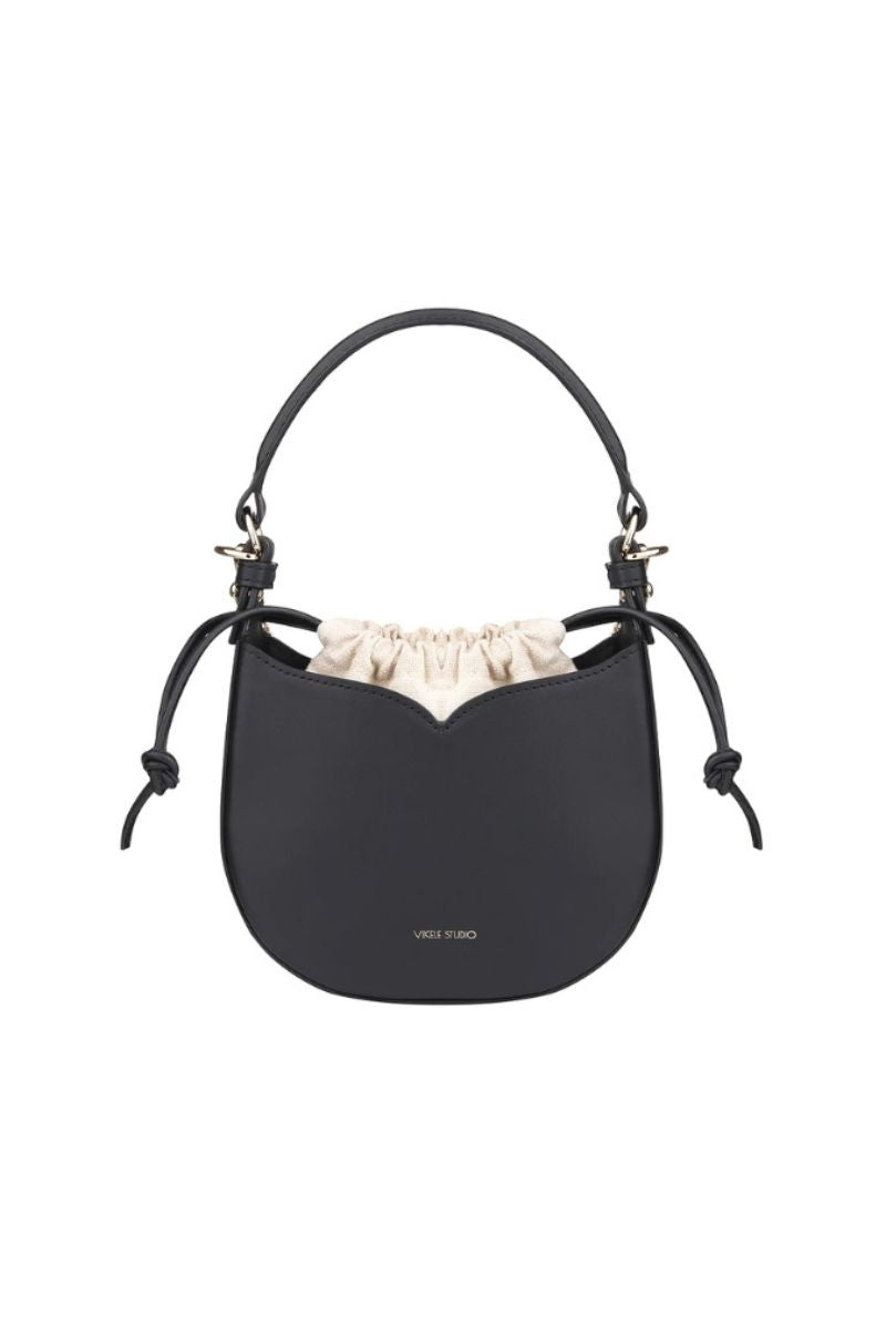 Black VIKELE STUDIO Maria mini top handle bag with sleek design and compact size, featuring a stylish curved silhouette.