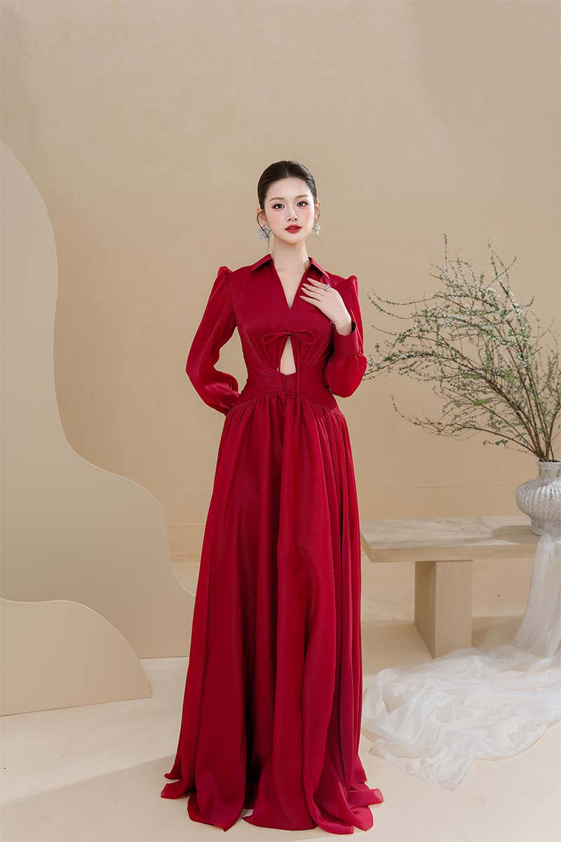 Do Long AN XUÂN RED maxi dress, flowing red maxi dress with elegant design, perfect for warm weather and casual or semi-formal occasions.