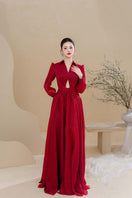 Do Long Scarlet Serenity gown featuring elegant red fabric and flowing design, perfect for formal occasions.