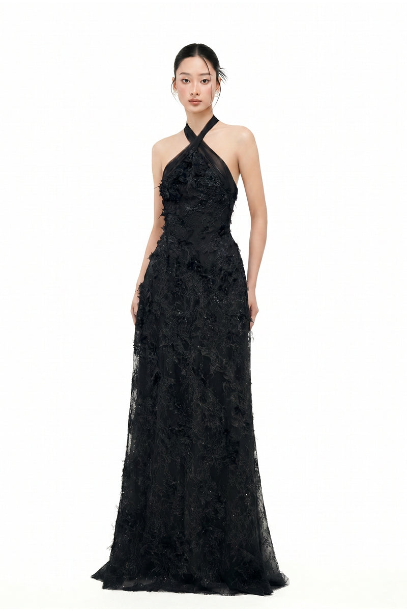 Black ALISA lace gown by 21Six, featuring elegant lace details and a flowing silhouette, perfect for formal occasions.