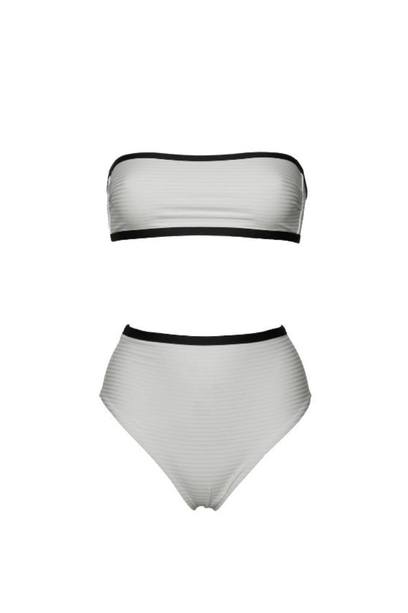 White bikini set featuring a June embossed top and Cora embossed bottom by KIÓHNE, shown on a model.