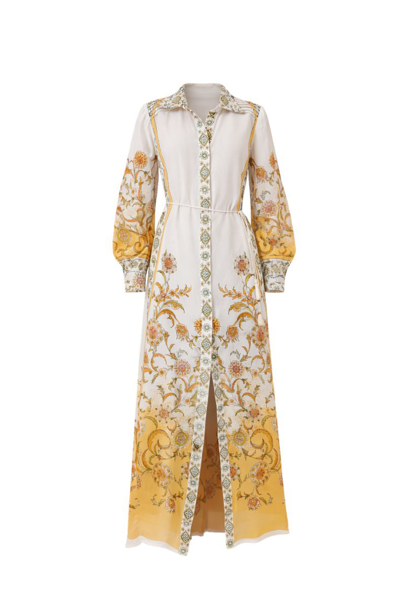 Yellow Briar midi dress by Raishma featuring a fitted bodice and flowing skirt, displayed on a mannequin.